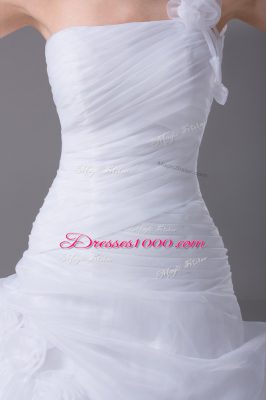 Organza One Shoulder Sleeveless Brush Train Lace Up Hand Made Flower Bridal Gown in White