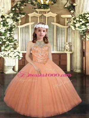 Sleeveless Tulle Floor Length Lace Up Little Girl Pageant Gowns in Peach with Beading