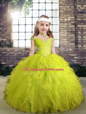 Floor Length Yellow Green Little Girls Pageant Dress Straps Sleeveless Lace Up