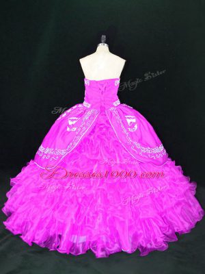 Fuchsia Ball Gowns Organza Strapless Sleeveless Embroidery and Ruffles Floor Length Lace Up 15th Birthday Dress