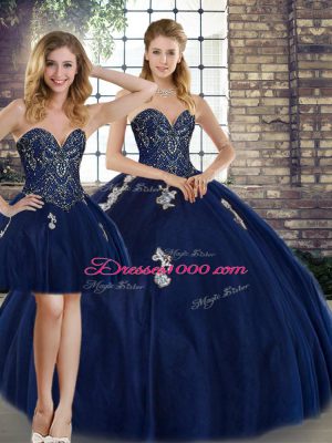 Navy Blue Tulle Lace Up Sweet 16 Quinceanera Dress Sleeveless Floor Length Beading and Appliques