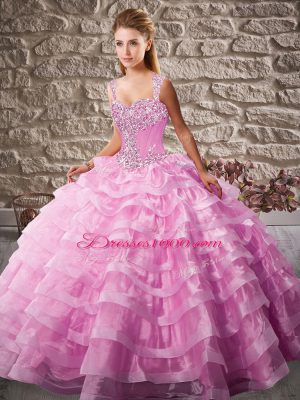 Floor Length Ball Gowns Sleeveless Pink 15 Quinceanera Dress Court Train Lace Up