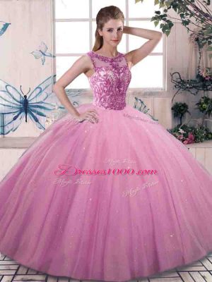 Clearance Rose Pink Scoop Neckline Beading Quinceanera Gowns Sleeveless Lace Up
