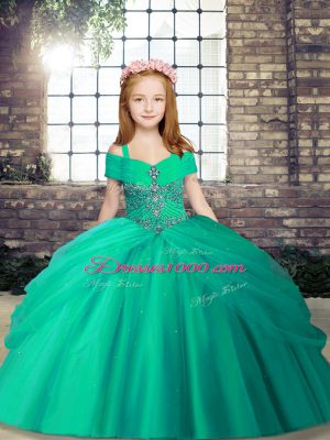 Turquoise Ball Gowns Beading Pageant Gowns For Girls Lace Up Tulle Sleeveless Floor Length