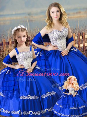 Ideal Floor Length Royal Blue Quinceanera Gown Satin Sleeveless Beading and Embroidery