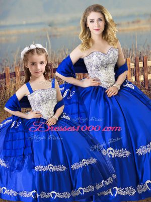 Ideal Floor Length Royal Blue Quinceanera Gown Satin Sleeveless Beading and Embroidery