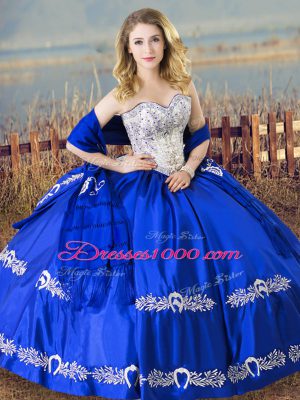 Ideal Floor Length Royal Blue Quinceanera Gown Satin Sleeveless Beading and Embroidery