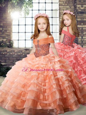 Peach 15th Birthday Dress Organza Brush Train Sleeveless Beading and Ruffled Layers