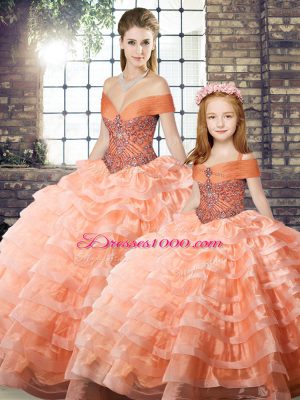 Peach 15th Birthday Dress Organza Brush Train Sleeveless Beading and Ruffled Layers