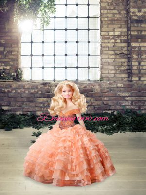 Peach 15th Birthday Dress Organza Brush Train Sleeveless Beading and Ruffled Layers