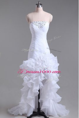 Attractive Sleeveless Organza High Low Zipper Wedding Gowns in White with Beading and Ruffles