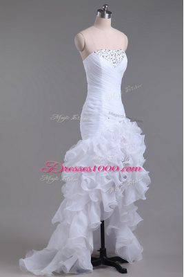 Attractive Sleeveless Organza High Low Zipper Wedding Gowns in White with Beading and Ruffles