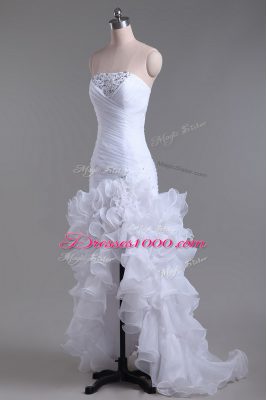 Attractive Sleeveless Organza High Low Zipper Wedding Gowns in White with Beading and Ruffles