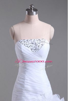 Attractive Sleeveless Organza High Low Zipper Wedding Gowns in White with Beading and Ruffles