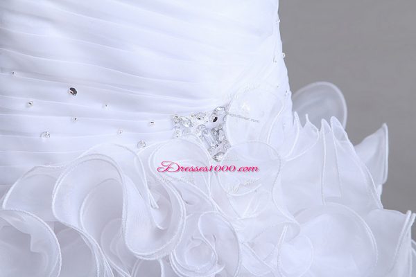 Attractive Sleeveless Organza High Low Zipper Wedding Gowns in White with Beading and Ruffles