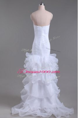 Attractive Sleeveless Organza High Low Zipper Wedding Gowns in White with Beading and Ruffles