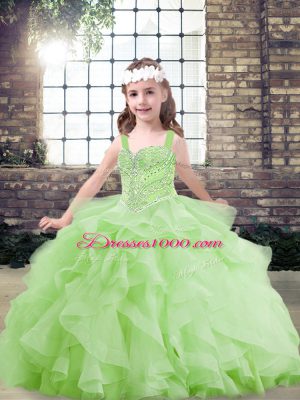 Yellow Green Little Girl Pageant Dress Party and Military Ball and Wedding Party with Beading and Ruffles Straps Sleeveless Lace Up