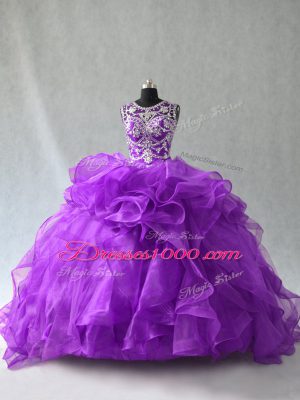 Scoop Sleeveless Lace Up 15 Quinceanera Dress Purple Organza