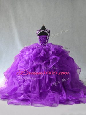 Scoop Sleeveless Lace Up 15 Quinceanera Dress Purple Organza