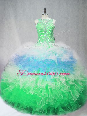 Hot Selling Multi-color Ball Gowns Tulle Scoop Sleeveless Beading and Ruffles Floor Length Zipper 15th Birthday Dress