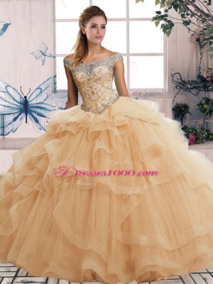 Ball Gowns Quinceanera Dresses Champagne Off The Shoulder Tulle Sleeveless Floor Length Lace Up
