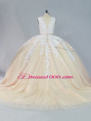 Scoop Sleeveless Court Train Zipper Quinceanera Gown Champagne Tulle