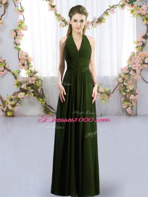Great Sleeveless Chiffon Floor Length Lace Up Quinceanera Court of Honor Dress in Olive Green with Ruching