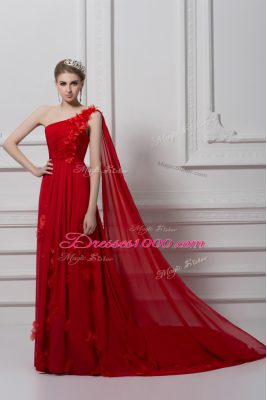 Fashion Red Prom Evening Gown Prom and Party and Military Ball with Ruching and Hand Made Flower One Shoulder Sleeveless Watteau Train Lace Up
