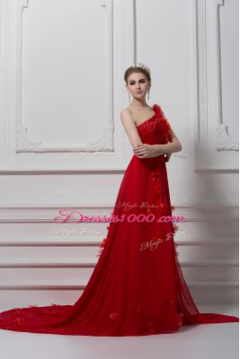 Fashion Red Prom Evening Gown Prom and Party and Military Ball with Ruching and Hand Made Flower One Shoulder Sleeveless Watteau Train Lace Up