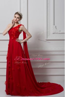 Fashion Red Prom Evening Gown Prom and Party and Military Ball with Ruching and Hand Made Flower One Shoulder Sleeveless Watteau Train Lace Up