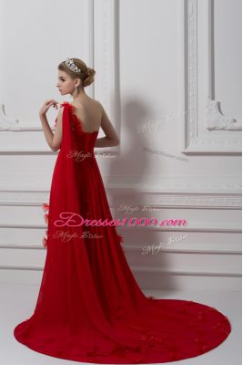 Fashion Red Prom Evening Gown Prom and Party and Military Ball with Ruching and Hand Made Flower One Shoulder Sleeveless Watteau Train Lace Up