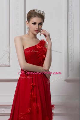 Fashion Red Prom Evening Gown Prom and Party and Military Ball with Ruching and Hand Made Flower One Shoulder Sleeveless Watteau Train Lace Up