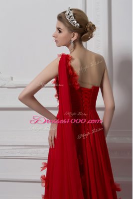 Fashion Red Prom Evening Gown Prom and Party and Military Ball with Ruching and Hand Made Flower One Shoulder Sleeveless Watteau Train Lace Up