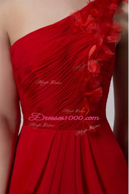 Fashion Red Prom Evening Gown Prom and Party and Military Ball with Ruching and Hand Made Flower One Shoulder Sleeveless Watteau Train Lace Up