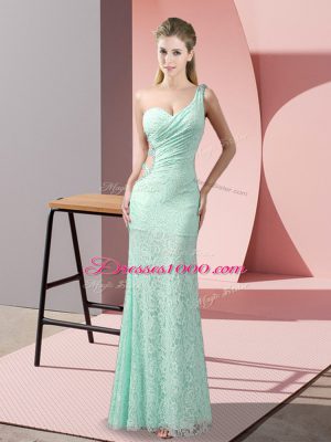 Apple Green Column/Sheath One Shoulder Sleeveless Lace Floor Length Criss Cross Beading and Lace
