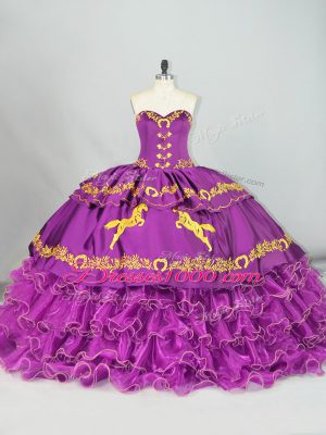 Purple Ball Gowns Satin and Organza Sweetheart Sleeveless Embroidery and Ruffles Lace Up 15th Birthday Dress Brush Train