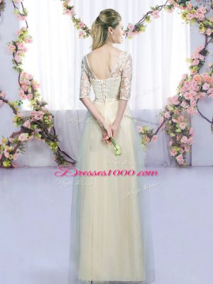 Champagne Tulle Lace Up Wedding Party Dress Half Sleeves Floor Length Lace and Bowknot