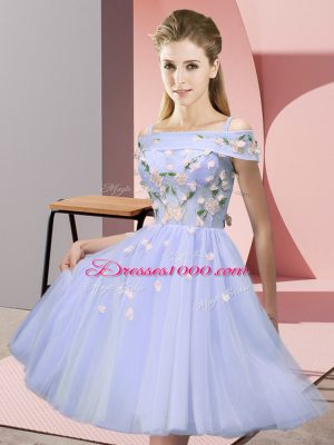 Glorious Appliques Bridesmaids Dress Lavender Lace Up Short Sleeves Knee Length