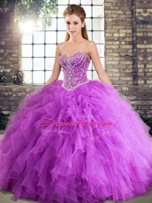 Beading and Ruffles 15th Birthday Dress Lavender Lace Up Sleeveless Floor Length