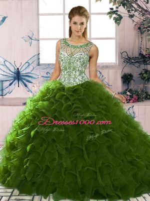 Free and Easy Scoop Sleeveless Organza Ball Gown Prom Dress Beading and Ruffles Lace Up