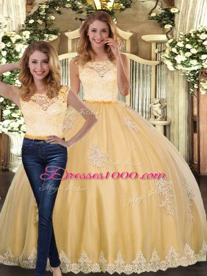 Comfortable Floor Length Clasp Handle 15 Quinceanera Dress Gold for Military Ball and Sweet 16 and Quinceanera with Lace and Appliques