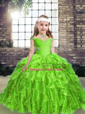 Sleeveless Organza Floor Length Lace Up Little Girl Pageant Gowns in with Beading and Ruffles