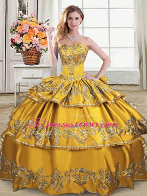 Pretty Gold Lace Up Quinceanera Gowns Embroidery and Ruffled Layers Sleeveless Floor Length