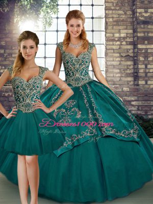 Inexpensive Teal Sleeveless Floor Length Beading and Embroidery Lace Up Sweet 16 Quinceanera Dress