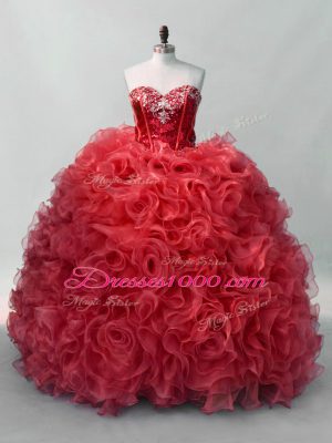 Red Ball Gowns Sweetheart Sleeveless Organza Floor Length Lace Up Sequins Sweet 16 Dresses