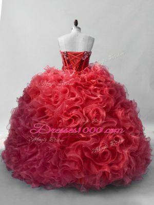 Red Ball Gowns Sweetheart Sleeveless Organza Floor Length Lace Up Sequins Sweet 16 Dresses