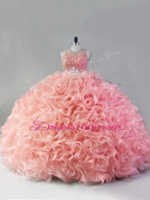 Custom Design Floor Length Pink 15 Quinceanera Dress Scoop Sleeveless Zipper