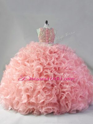 Custom Design Floor Length Pink 15 Quinceanera Dress Scoop Sleeveless Zipper
