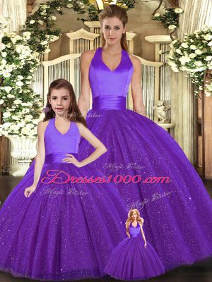 Sleeveless Floor Length Ruching Lace Up Quinceanera Gowns with Purple