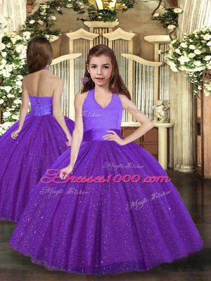 Sleeveless Floor Length Ruching Lace Up Quinceanera Gowns with Purple